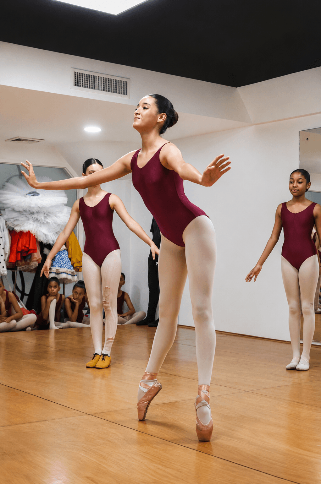Ensayo de una alumna en posición de arabesque